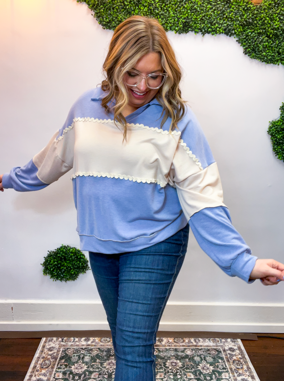 Ric Rac Darling Pullover in Denim & Cream