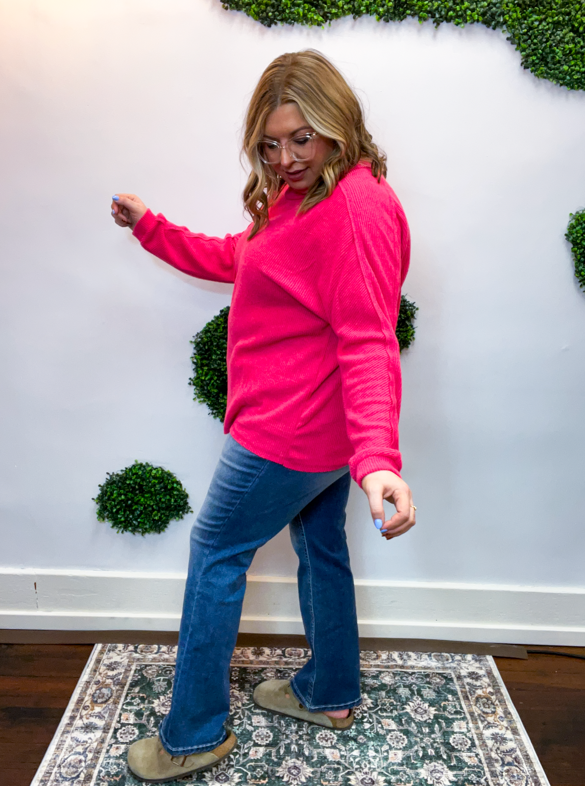 Cozy Ridge Ribbed Pullover in Hot Pink