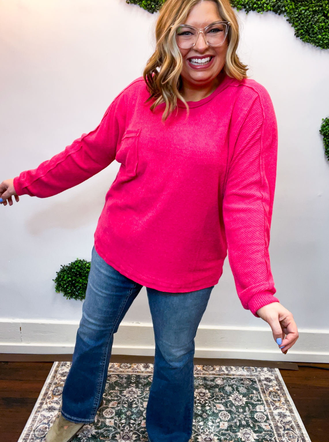 Cozy Ridge Ribbed Pullover in Hot Pink