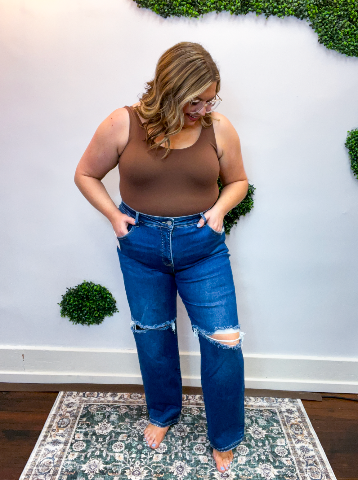 Tummy Control High Rise Crop Girlfriend Jeans by Risen in Dark Wash