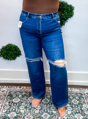 Tummy Control High Rise Crop Girlfriend Jeans by Risen in Dark Wash