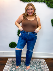 Tummy Control High Rise Crop Girlfriend Jeans by Risen in Dark Wash