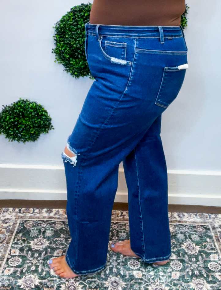 Tummy Control High Rise Crop Girlfriend Jeans by Risen in Dark Wash