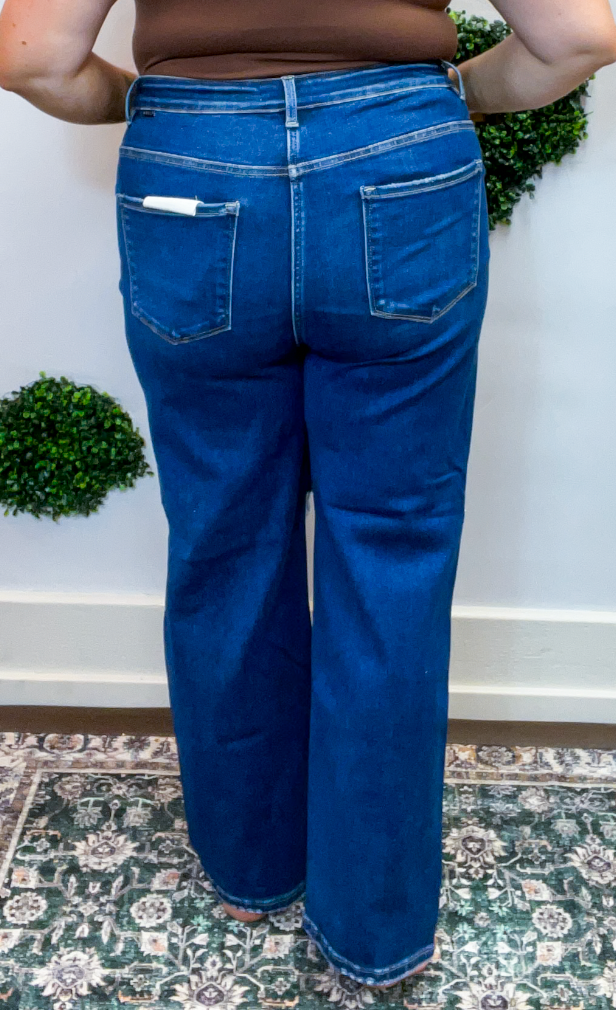 Tummy Control High Rise Crop Girlfriend Jeans by Risen in Dark Wash