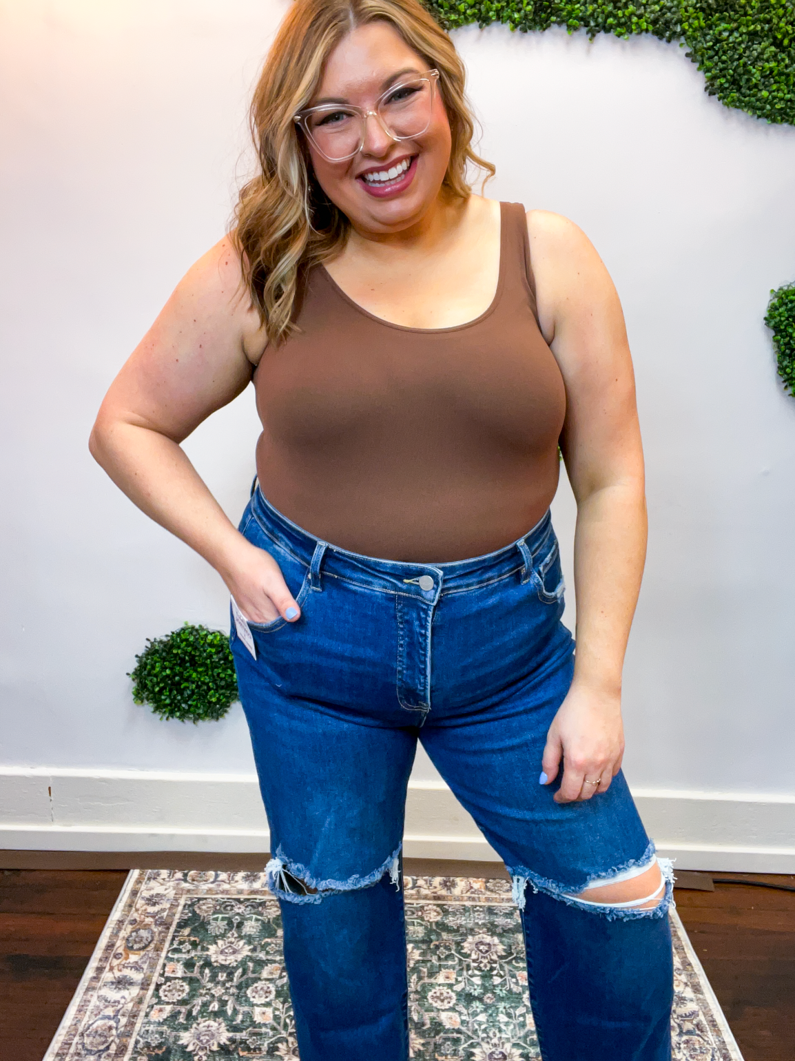 Tummy Control High Rise Crop Girlfriend Jeans by Risen in Dark Wash