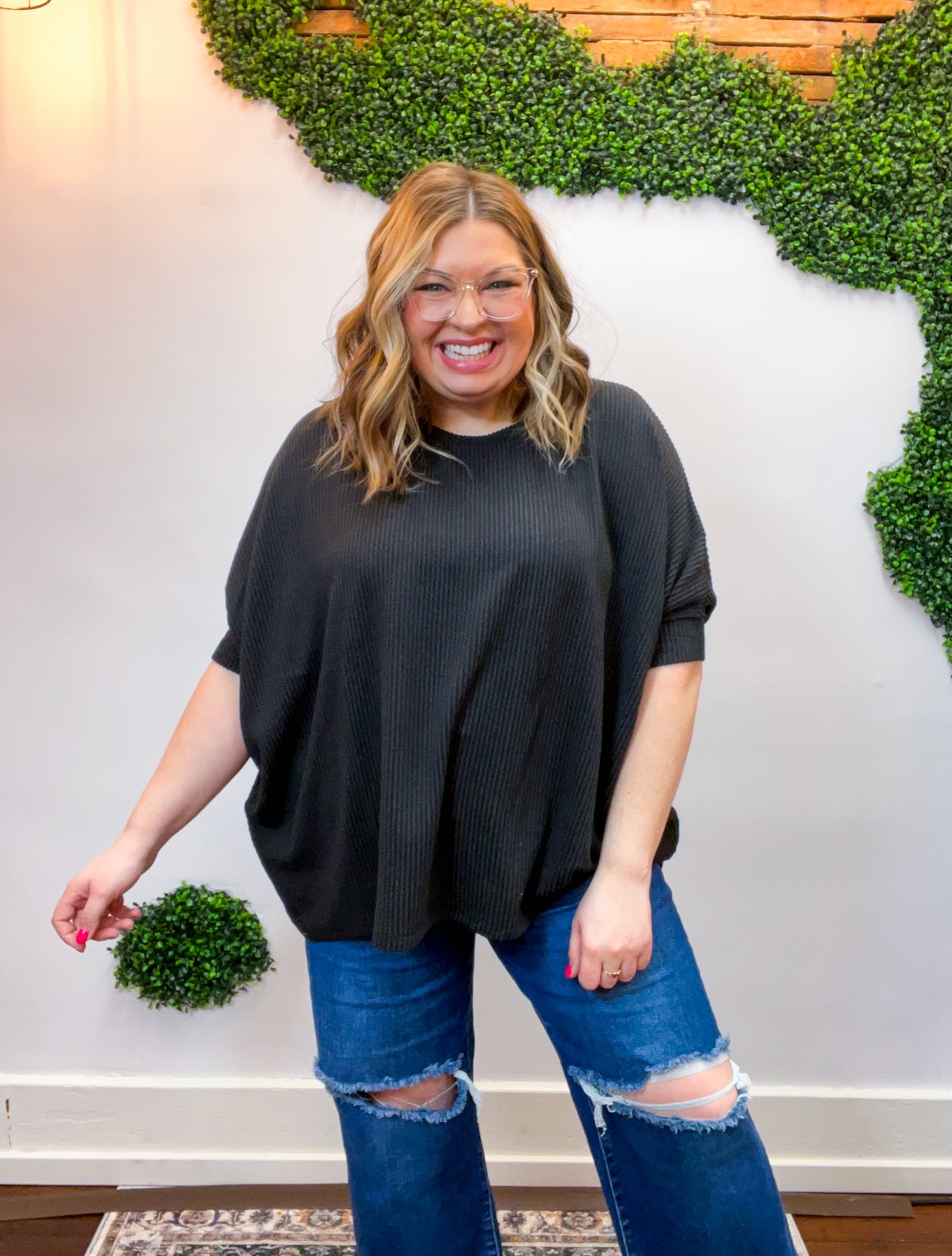 Ribbed Breeze Batwing Top in Black