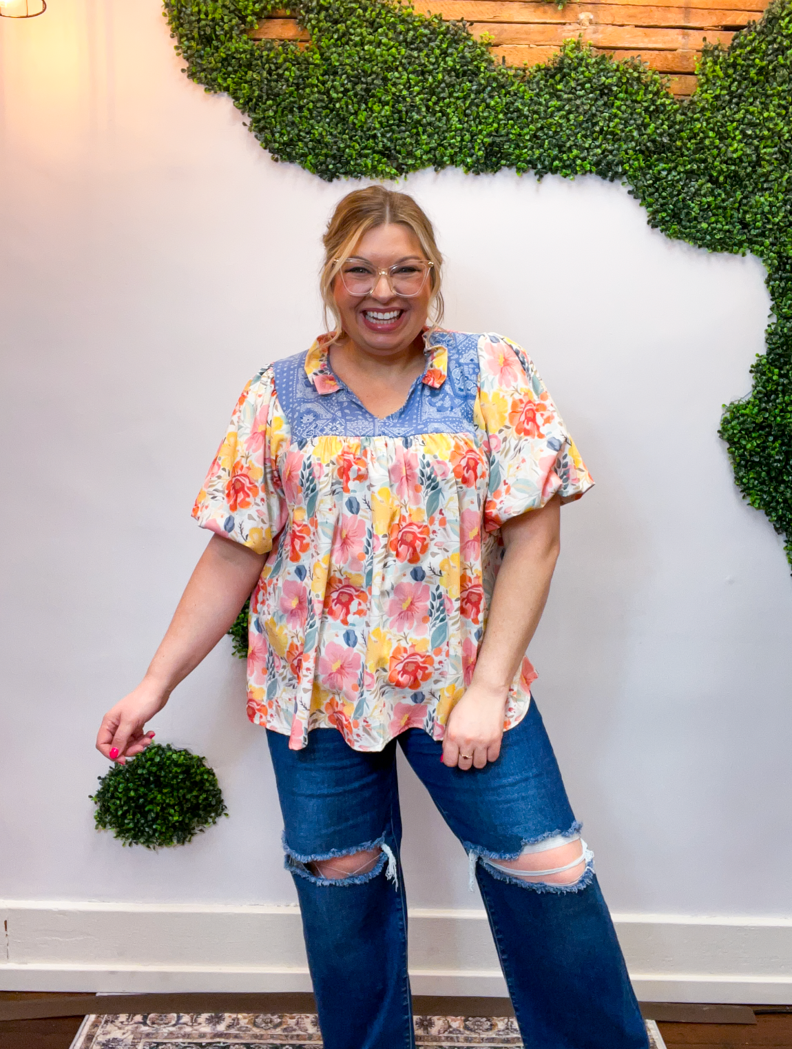 Petals & Patchwork Notch Neck Top in Denim & Coral