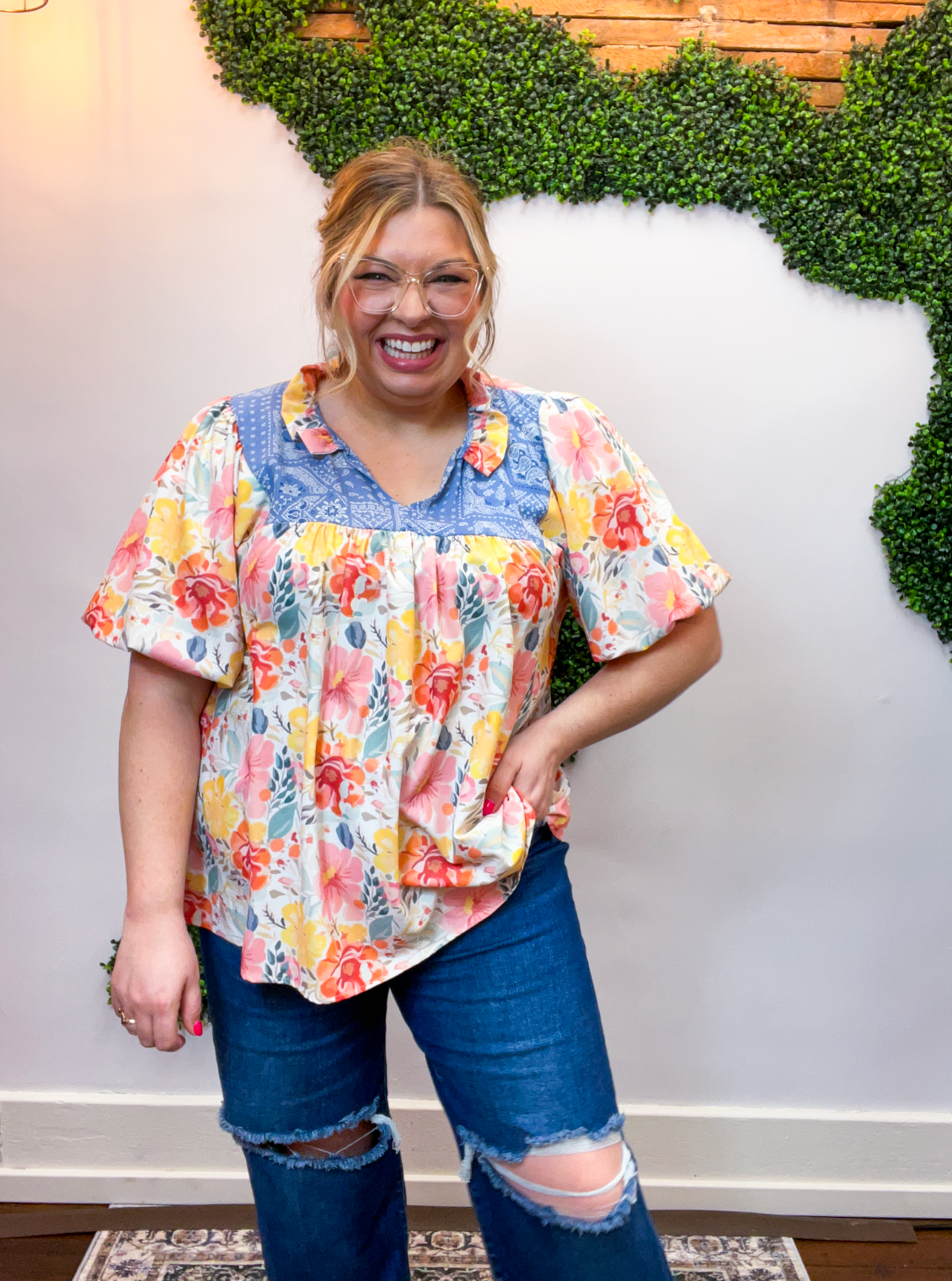 Petals & Patchwork Notch Neck Top in Denim & Coral