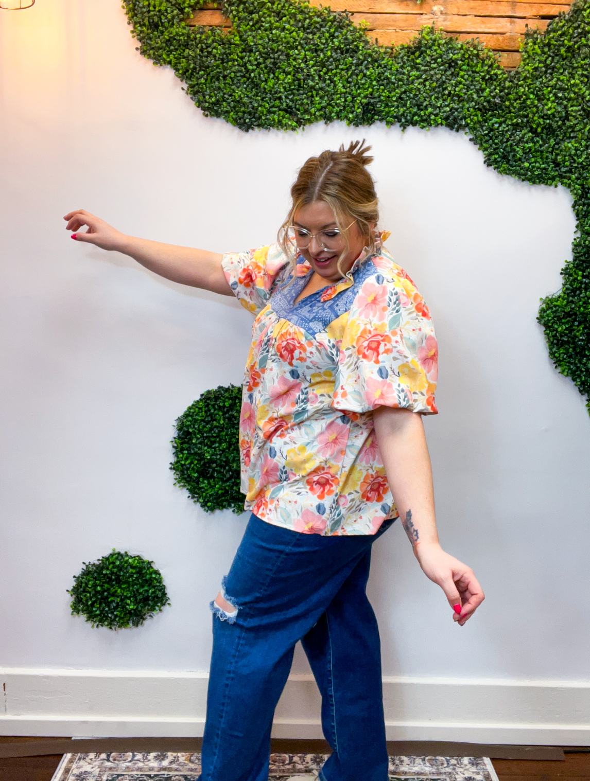 Petals & Patchwork Notch Neck Top in Denim & Coral