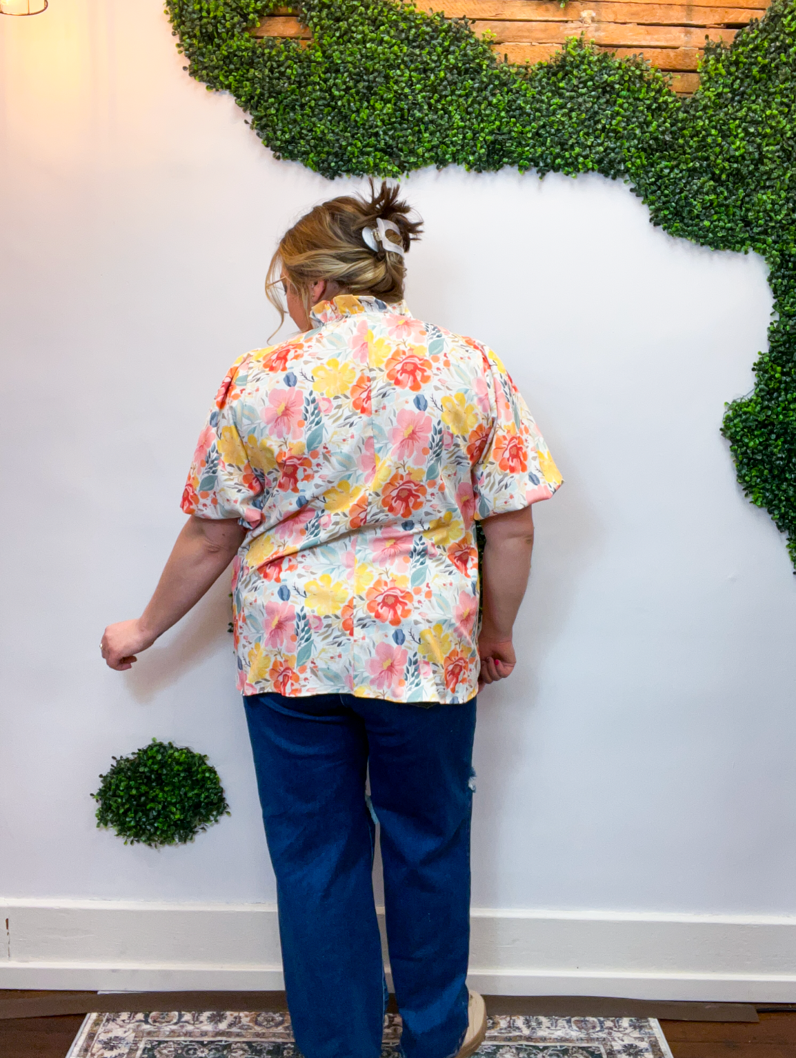 Petals & Patchwork Notch Neck Top in Denim & Coral