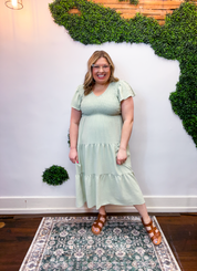 Main Street Moment Smocked Tiered Dress in Light Olive