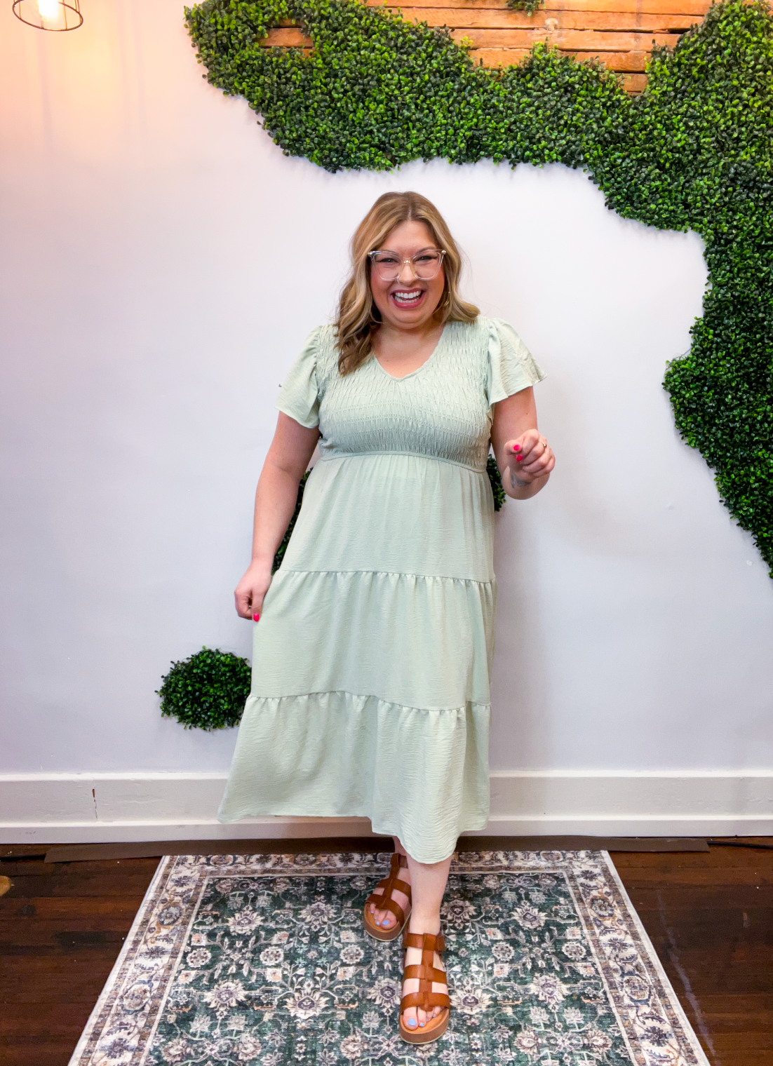 Main Street Moment Smocked Tiered Dress in Light Olive