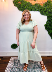 Main Street Moment Smocked Tiered Dress in Light Olive