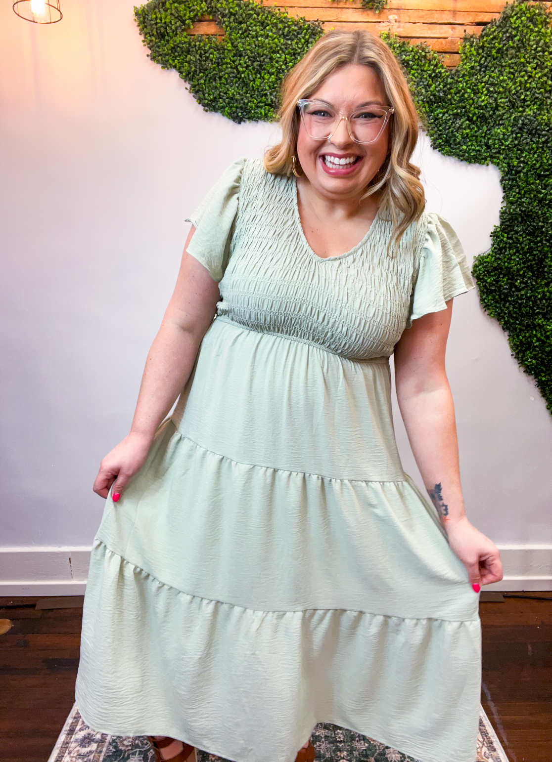 Main Street Moment Smocked Tiered Dress in Light Olive