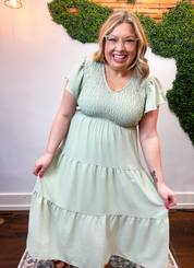 Main Street Moment Smocked Tiered Dress in Light Olive