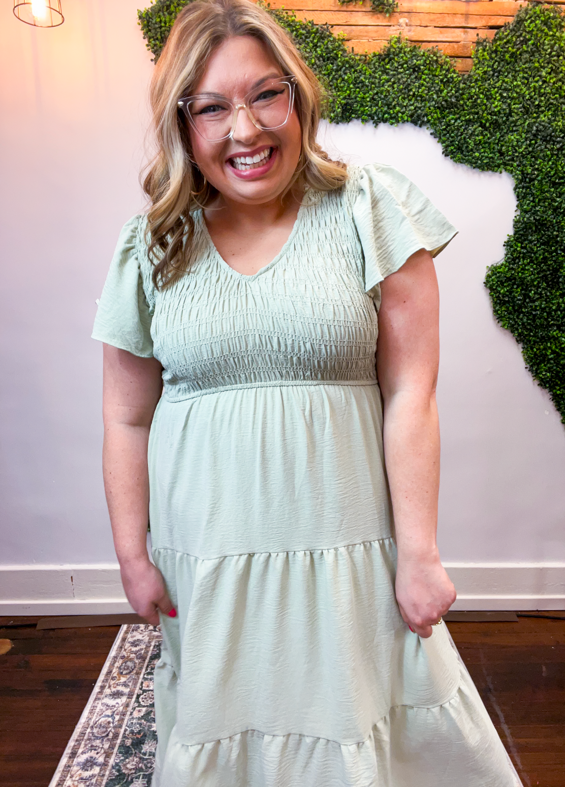 Main Street Moment Smocked Tiered Dress in Light Olive