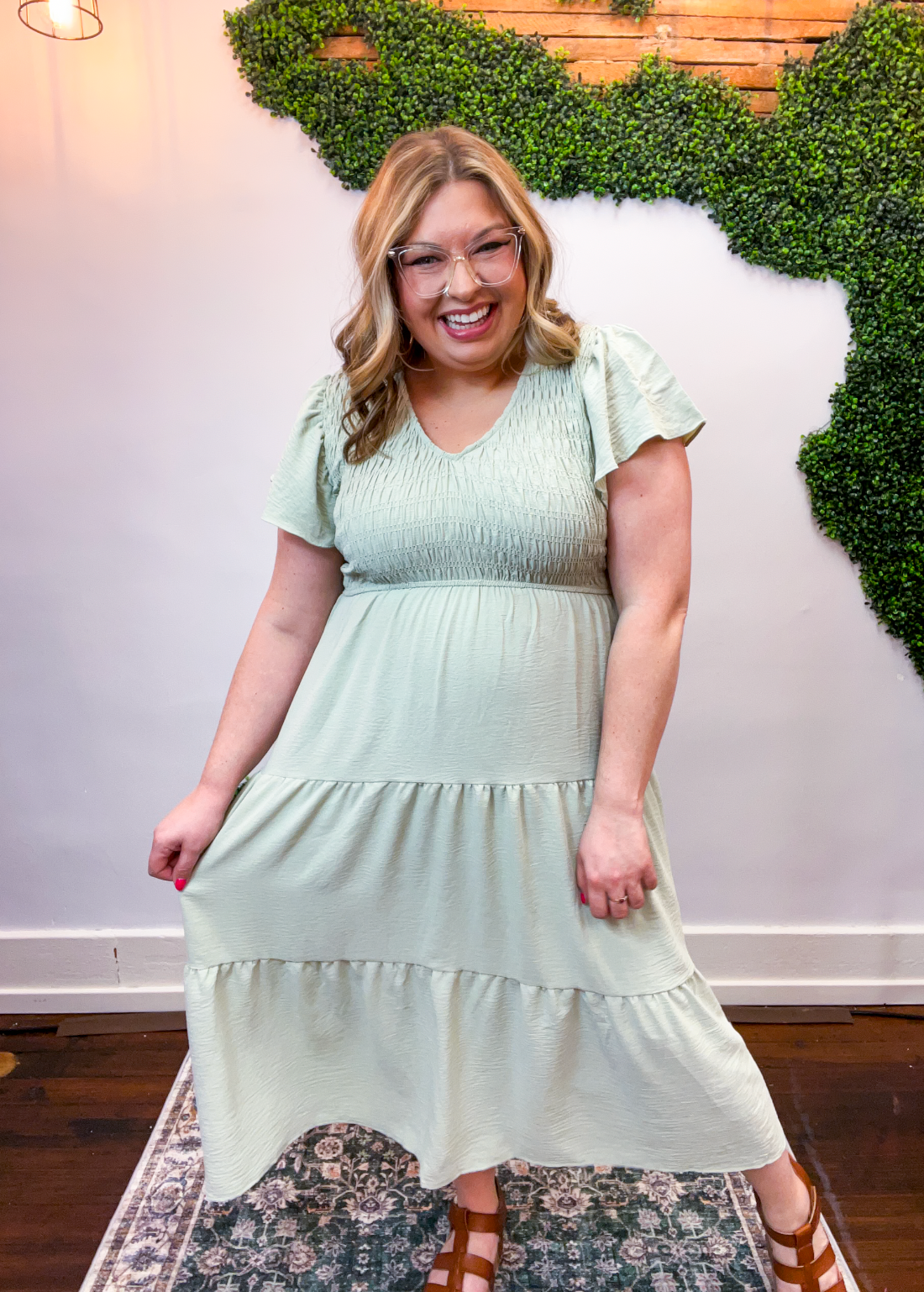 Main Street Moment Smocked Tiered Dress in Light Olive