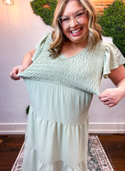Main Street Moment Smocked Tiered Dress in Light Olive