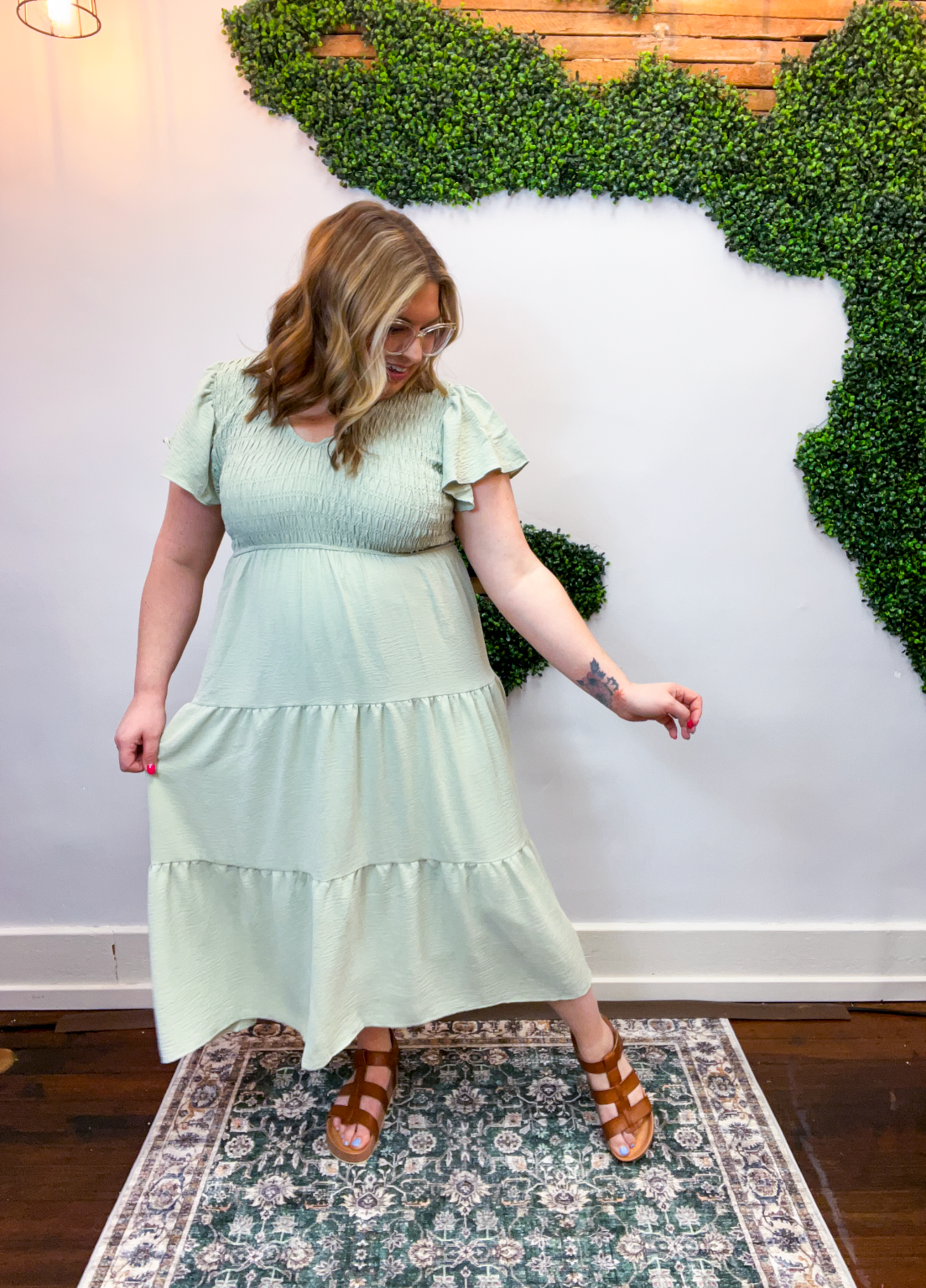 Main Street Moment Smocked Tiered Dress in Light Olive