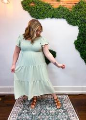 Main Street Moment Smocked Tiered Dress in Light Olive