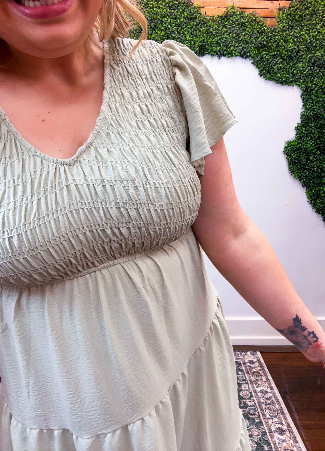 Main Street Moment Smocked Tiered Dress in Light Olive