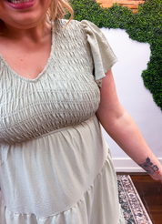 Main Street Moment Smocked Tiered Dress in Light Olive