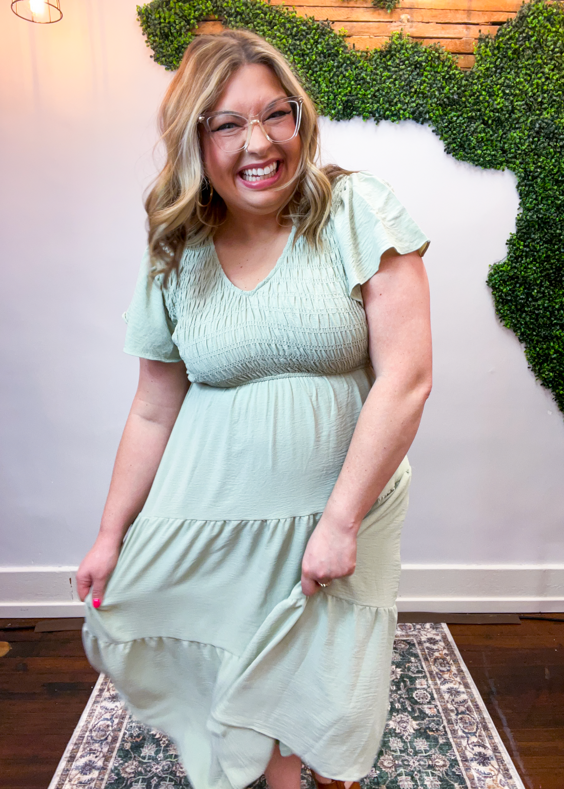 Main Street Moment Smocked Tiered Dress in Light Olive