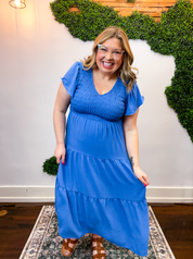 Main Street Moment Smocked Tiered Dress in Dusty Blue