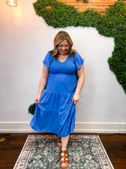 Main Street Moment Smocked Tiered Dress in Dusty Blue