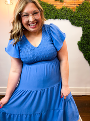 Main Street Moment Smocked Tiered Dress in Dusty Blue