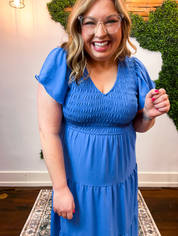 Main Street Moment Smocked Tiered Dress in Dusty Blue