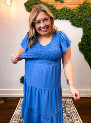 Main Street Moment Smocked Tiered Dress in Dusty Blue