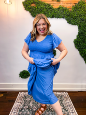 Main Street Moment Smocked Tiered Dress in Dusty Blue