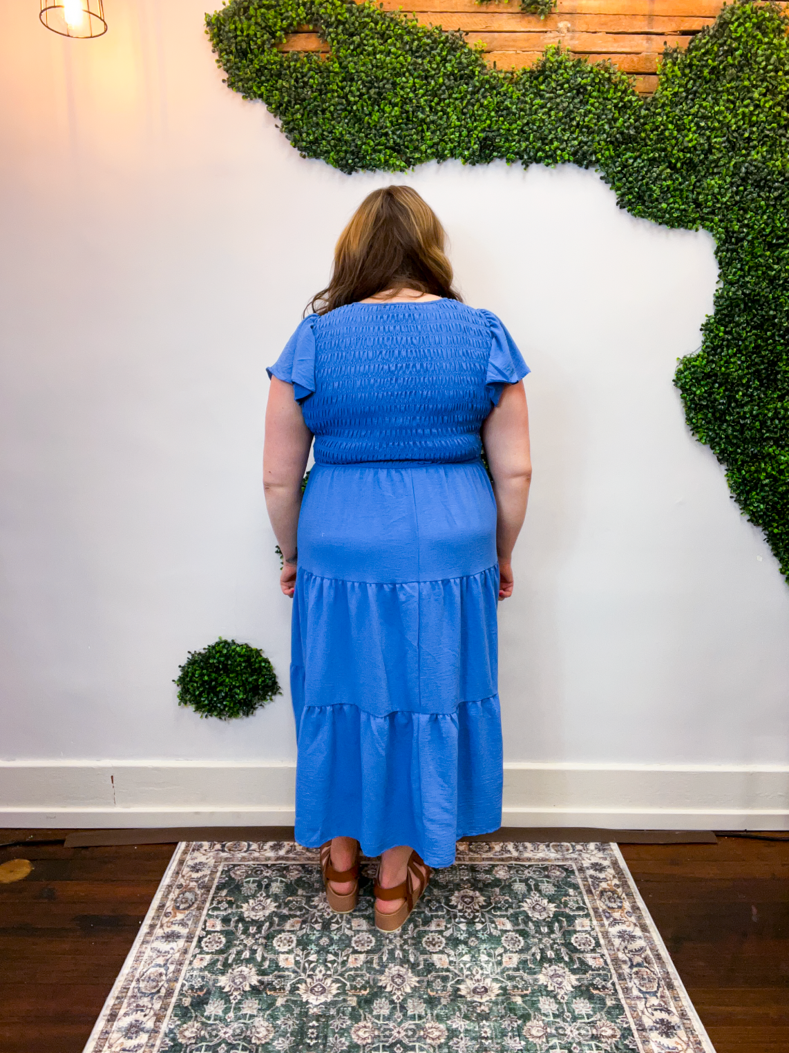 Main Street Moment Smocked Tiered Dress in Dusty Blue