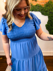 Main Street Moment Smocked Tiered Dress in Dusty Blue