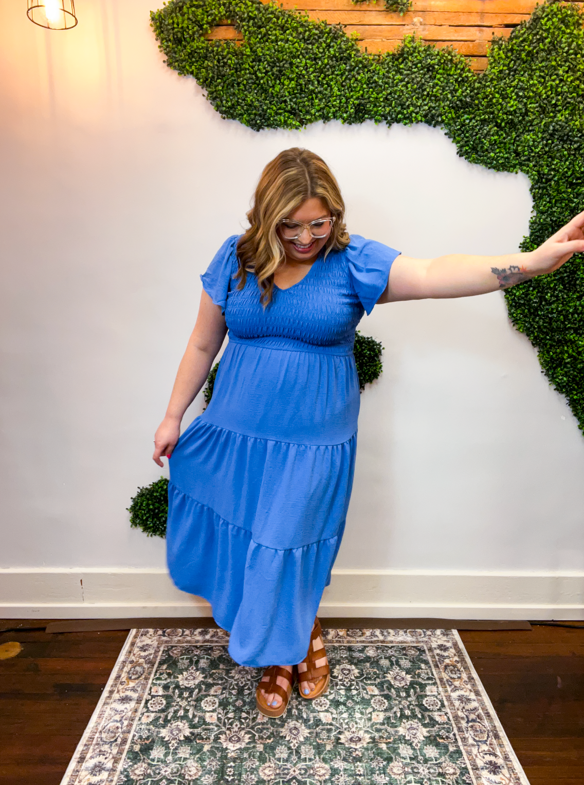 Main Street Moment Smocked Tiered Dress in Dusty Blue