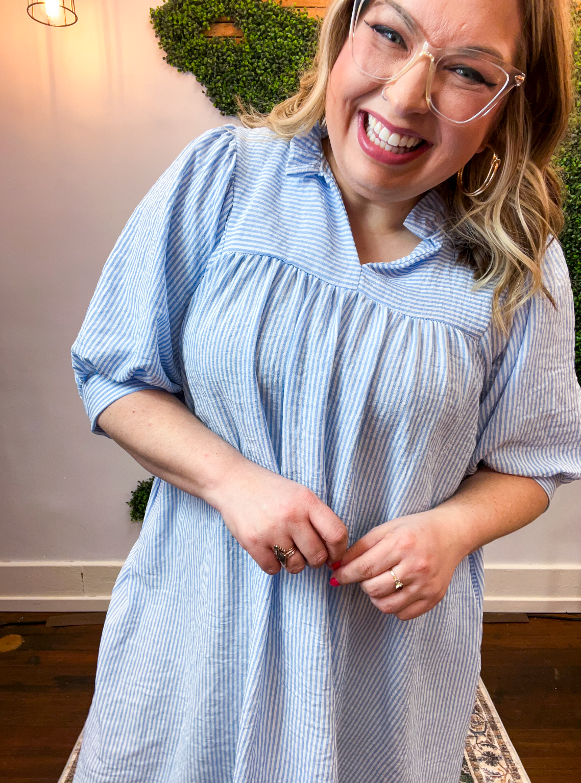 Pretty Please Pinstripe Dress in Blue