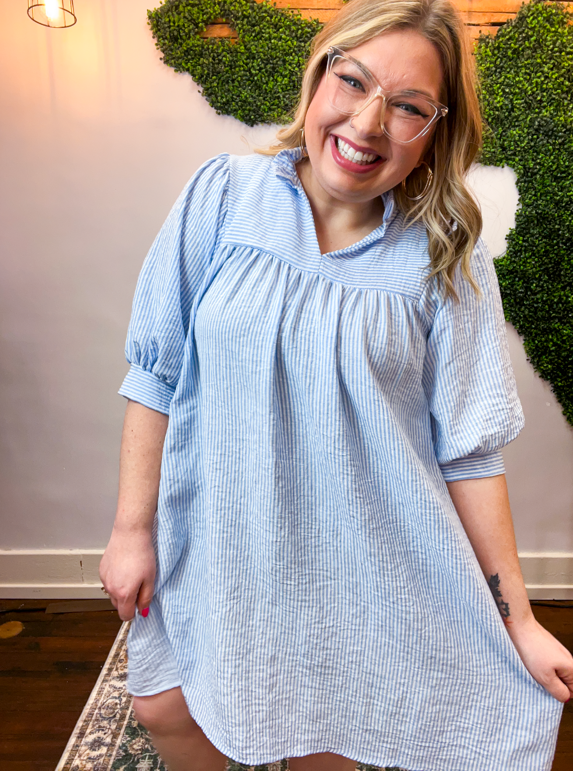 Pretty Please Pinstripe Dress in Blue