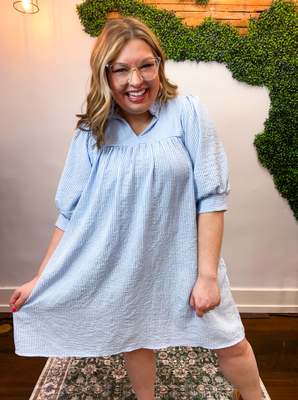 Pretty Please Pinstripe Dress in Blue