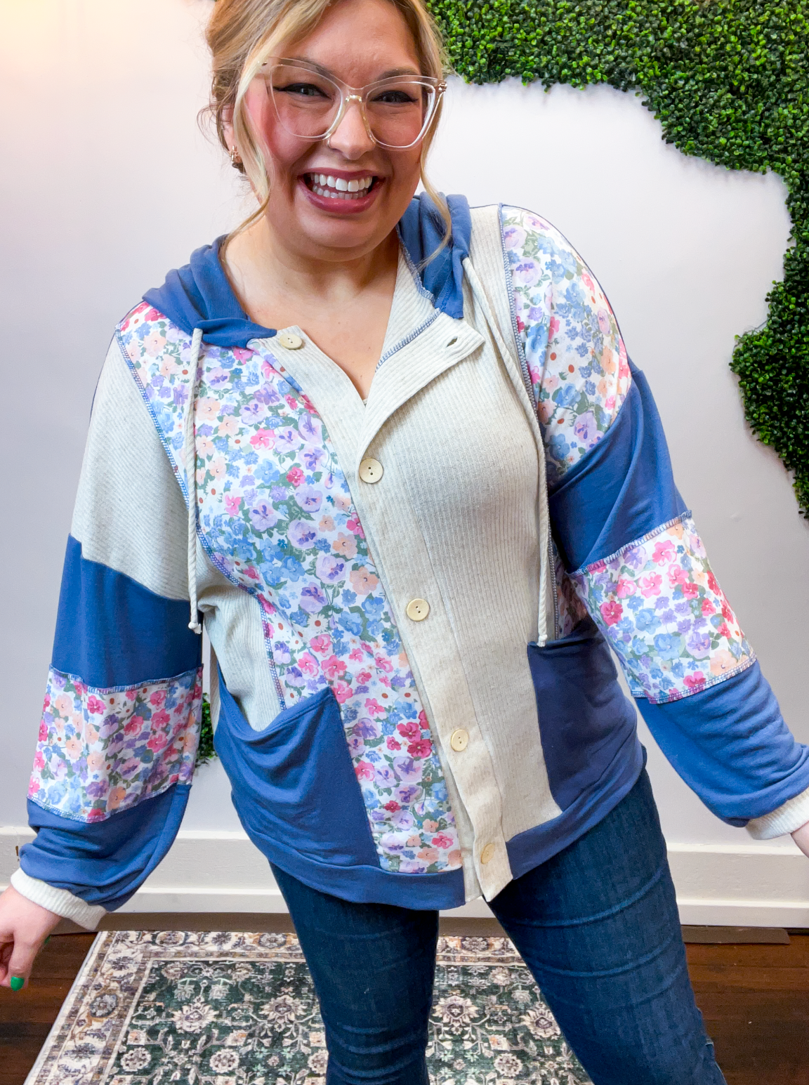 Petal Patch Hoodie Shacket in Navy