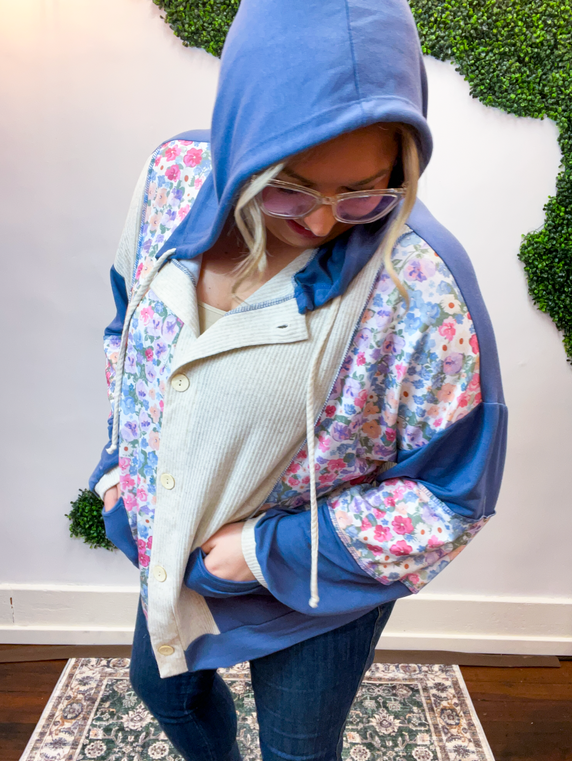 Petal Patch Hoodie Shacket in Navy