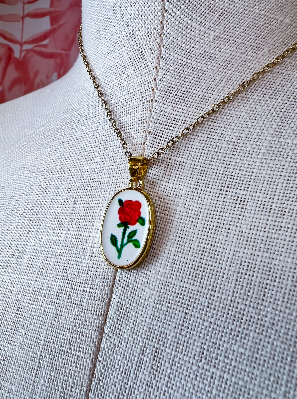 Stainless Steel Tarnish Free Handmade Ceramic Necklace - Rose  *Final Sale*