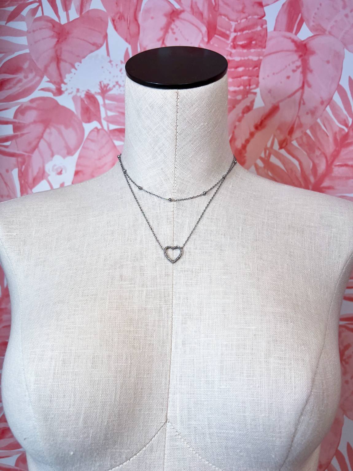 Stainless Steel Tarnish Free Multi-Layer Rhinestone Heart Charm Necklace in Silver *Final Sale*