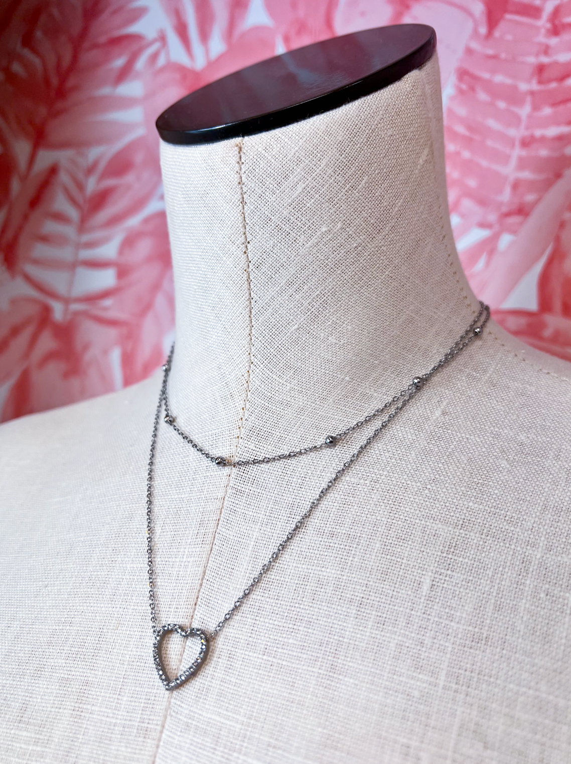 Stainless Steel Tarnish Free Multi-Layer Rhinestone Heart Charm Necklace in Silver *Final Sale*