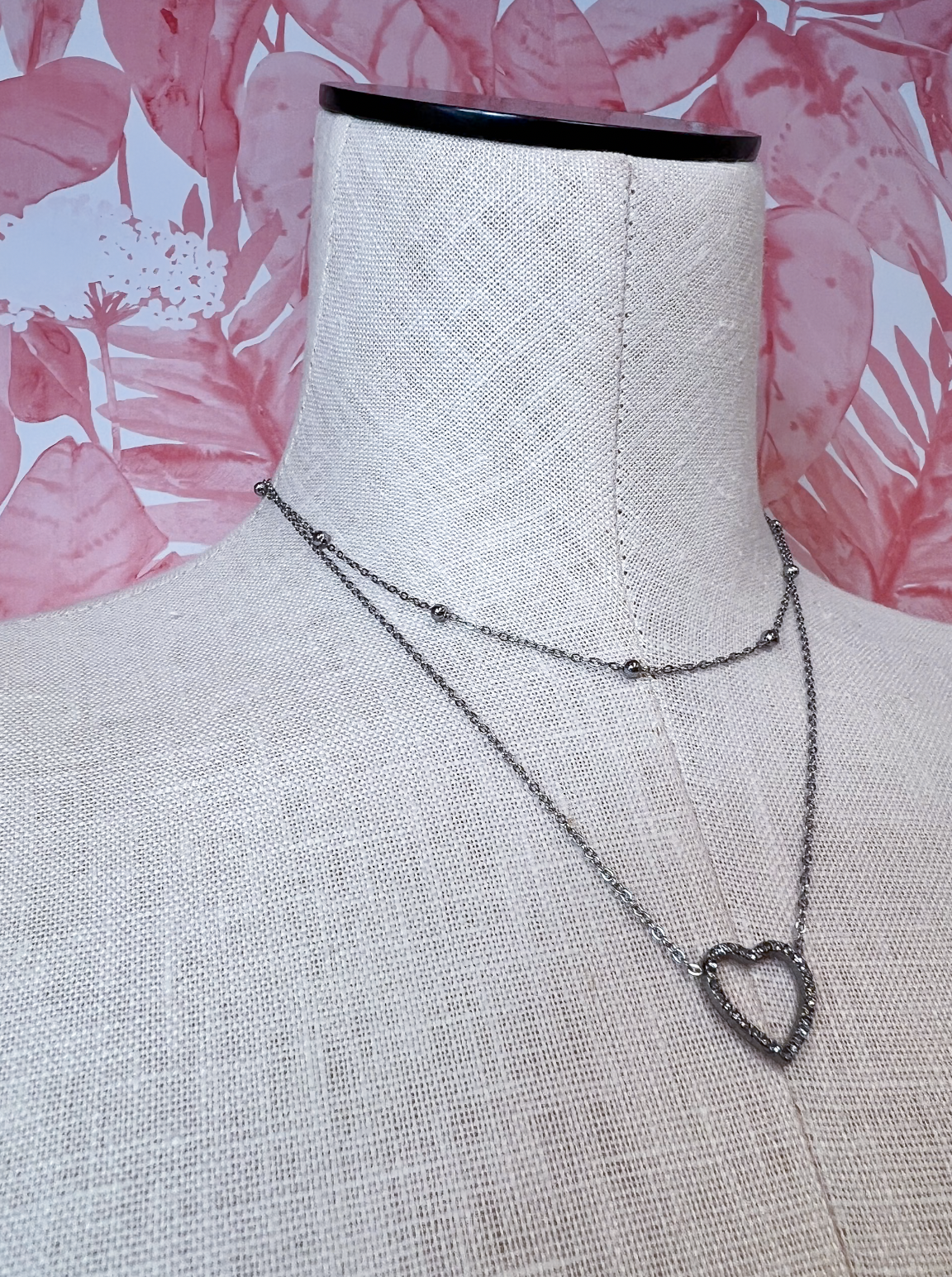 Stainless Steel Tarnish Free Multi-Layer Rhinestone Heart Charm Necklace in Silver *Final Sale*