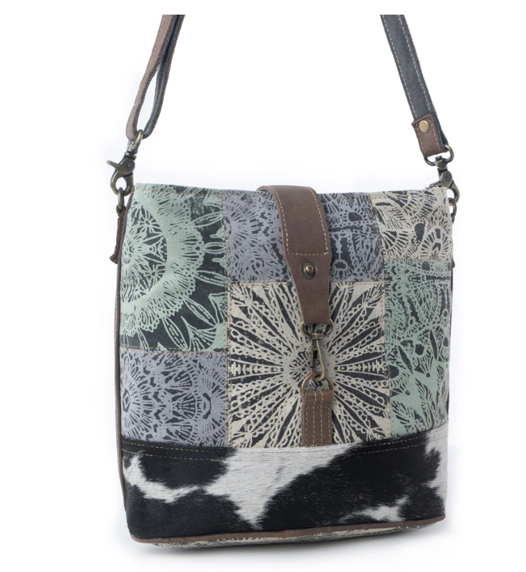 Myra | Willow Trace Canvas & Hairon Bag in Geo Sage *FINAL SALE*