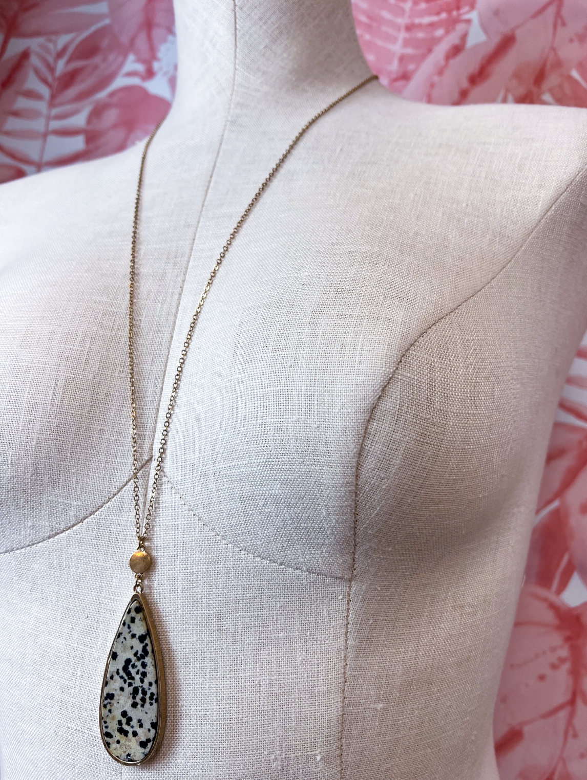 Dalmatian Jasper Teardrop Pendant Long Necklace *Final Sale*