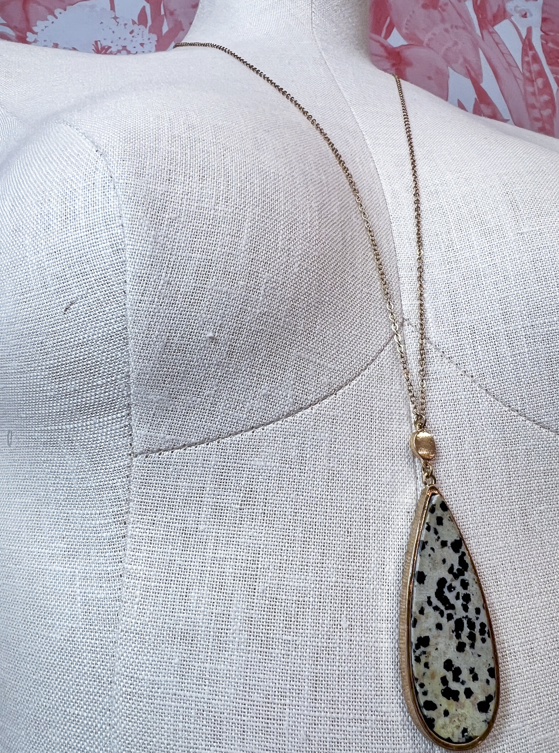Dalmatian Jasper Teardrop Pendant Long Necklace *Final Sale*