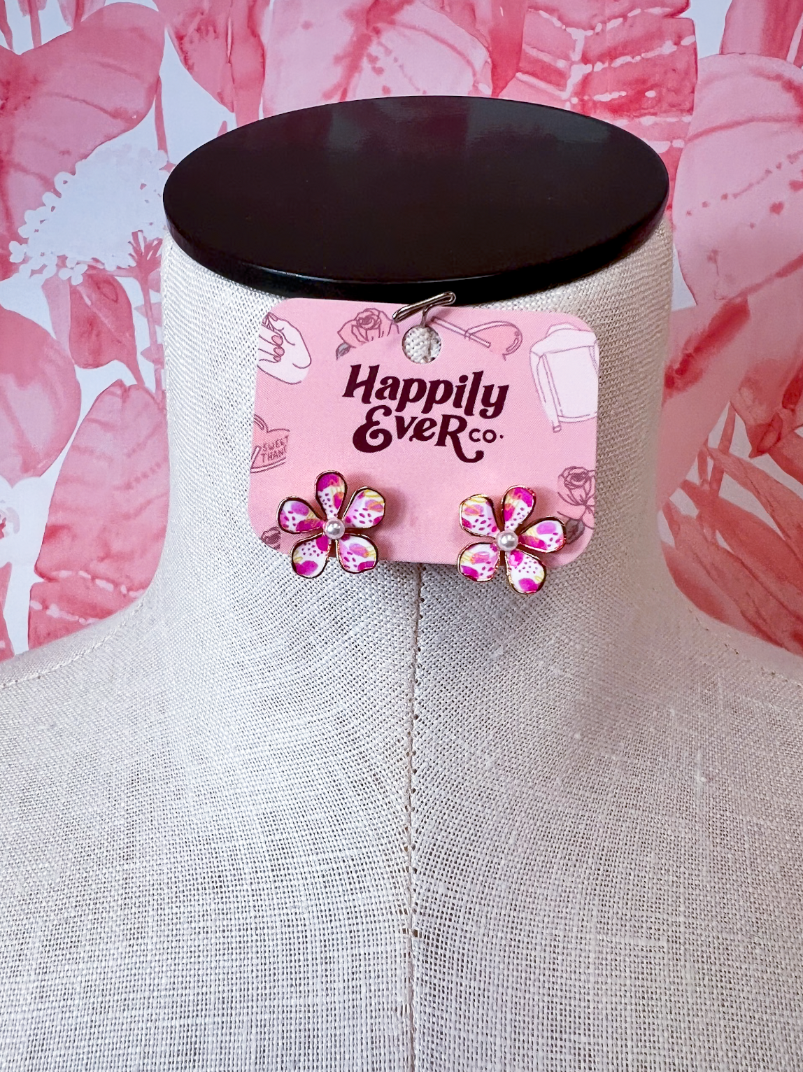 Doodle Daisy & Pearl Stud Earrings in Pink *Final Sale*