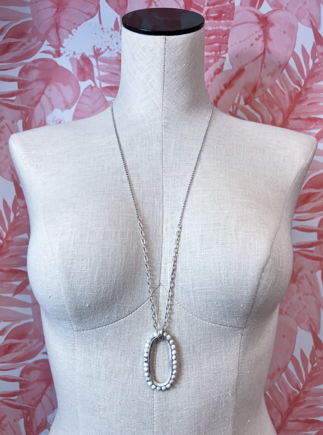 Oval & Howlite Bead Pendant Long Necklace in Silver *Final Sale*